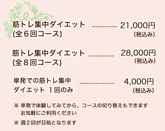 筋トレ集中ダイエットコース(全6回21,000円、全8回28,000円、1回4,000円